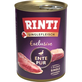 RINTI Exclusive Dosenfutter für Hunde mit Entenfleisch, mit der Aufschrift 'ENTE PUR', auf lila Hintergrund und Bildern von rohen Entenfilets.