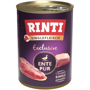 RINTI Exclusive Dosenfutter für Hunde mit Entenfleisch, mit der Aufschrift 'ENTE PUR', auf lila Hintergrund und Bildern von rohen Entenfilets.
