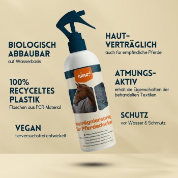Sprühflasche mit dem Etikett "Imprägniernspray für Pferdedecken" mit Eigenschaften wie biologisch abbaubar, vegan und aus 100 % recyceltem Kunststoff.