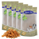 Fünf Tüten Lyra Pet Naturfutter werden angezeigt, mit einem Haufen getrockneter Fischleckereien davor.