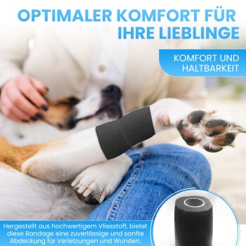 Ein Hund mit einem schwarzen Verband an seiner Pfote ruht auf dem Schoß einer Person, mit Text, der Komfort und Haltbarkeit für Haustiere fördert.