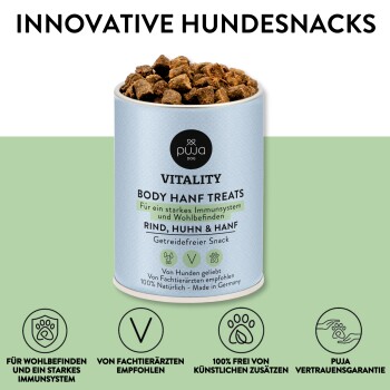 Innovative Hundeleckerlis in einem Behälter mit der Aufschrift "Puja Dog Vitality Body Hanf Leckerlis" mit Rind, Hühnchen und Hanf; getreidefrei, 100% natürlich.