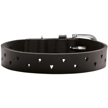 Schwarzes Leder-Haustierhalsband mit herzförmigen Ausschnitten und einer silbernen Schnalle.