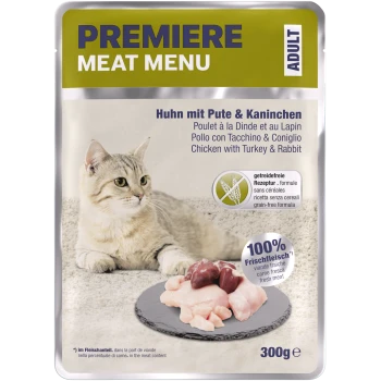 Premiere Vleesmenu voor volwassen katten met kip, kalkoen en konijn, met vers vlees op een leisteen bord, 300g.