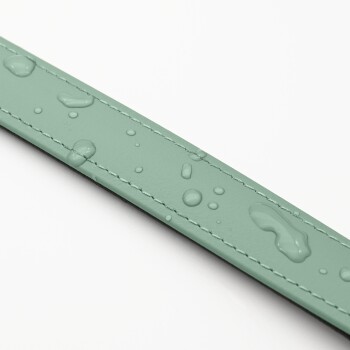 Eine Nahaufnahme einer mintgrünen Haustierleine mit Wassertropfen auf der Oberfläche, die ihr wasserdichtes Material und die Nähdetails zeigt.
