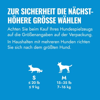 Blaues deutschsprachiges Verkaufsbild: 'Zur Sicherheit die nächsthöhere Größe wählen' mit S ≤20 lb/≤9 kg und M 15–35 lb/7–16 kg