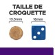 Image comparant la taille des croquettes, montrant un morceau de croquette rond (13,5 mm) à côté d'un dé bleu (16 mm) avec le texte "TAILLE DE CROQUETTE."