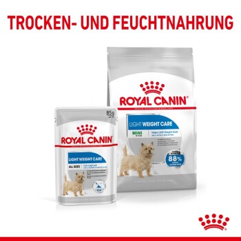 Royal Canin Hundefutterverpackung mit "Light Weight Care" für alle Größen und Mini-Hunde, mit dem Fokus auf Gewichtszunahme zu begrenzen.