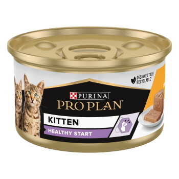 Boîte de nourriture pour chat Purina Pro Plan Kitten Healthy Start mousse, 85g, présentant deux chatons tigrés sur l'étiquette et le texte "Riche en Poulet."