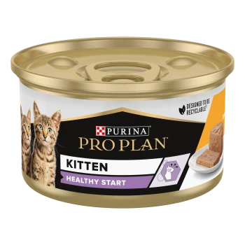 Boîte de nourriture pour chat Purina Pro Plan Kitten Healthy Start mousse, 85g, présentant deux chatons tigrés sur l'étiquette et le texte "Riche en Poulet."