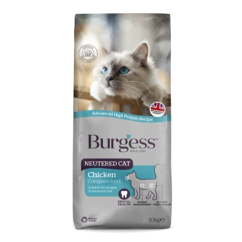 Burgess Neutered Cat Huhn Alleinfutter, 10 kg Sack mit Foto einer blauäugigen Katze, Aufschrift 'Advanced High Protein Recipe'.