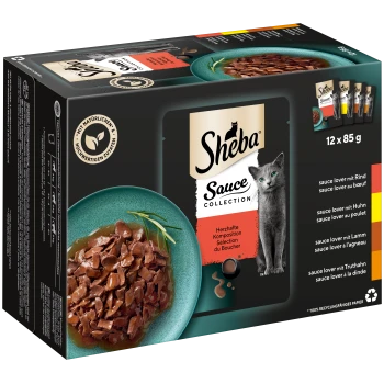Sheba Sauce Collection Katzenfutterpackung mit 12 x 85g Portionen, mit Geschmacksrichtungen: Rind, Huhn, Lamm, Truthahn und einem Bild einer grauen Katze.
