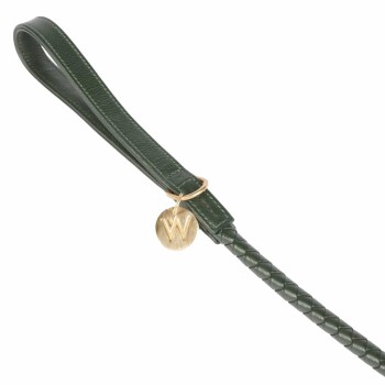 Grüne geflochtene Hundeleine mit einem goldenen runden Anhänger, der den Buchstaben "W" trägt, der am Griff befestigt ist.