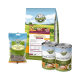 Bellfor-Hundefutterprodukte: ein Beutel Trockenfutter, ein Paket weicher Snacks und zwei Dosen Huhn, alle mit Nährwertangaben.