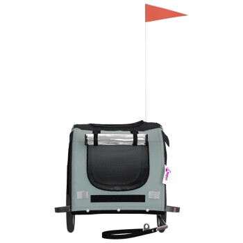 Grau Haustierträger mit schwarzem Oberteil, ausgestattet mit einer Fronttasche, einer Sicherheitsflagge und einem Leinenanschluss.