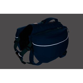 Ein marineblauer Haustiertrage-Rucksack mit reflektierenden Streifen, mit verstellbaren Riemen und einem oberen Griff für einfaches Tragen.