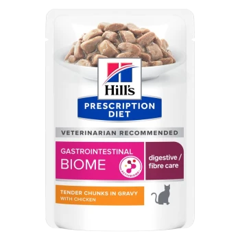 Hill's Prescription Diet Gastrointestinal Biome, door dierenartsen aanbevolen, met zachte stukjes in jus met kip.