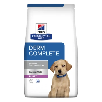 Régime prescrit Hill's Derm Complete pour chiots, axé sur les soins de la peau et les sensibilités alimentaires, recommandé par les vétérinaires.