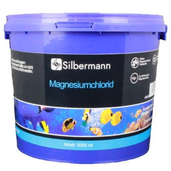 Lila Eimer mit der Aufschrift 'Silbermann Magnesiumchlorid' mit aquatischer Szene, enthält 5000 ml Magnesiumchlorid für die Aquariennutzung.