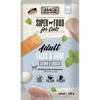 Die Verpackung von MAC's Super Food für Katzen zeigt den Geschmack Adult Lachs & Huhn und hebt getreidefreie Zutaten, Kräuter und Vitamine hervor.