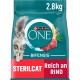 Purina ONE Bifensis Katzenfutterbeutel, 2,8 kg, mit einer flauschigen grauen Katze, mit dem Text 'STERILCAT' und 'Reich an RIND', der prominent angezeigt wird.