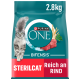 Purina ONE Bifensis Katzenfutterbeutel, 2,8 kg, mit einer flauschigen grauen Katze, mit dem Text 'STERILCAT' und 'Reich an RIND', der prominent angezeigt wird.