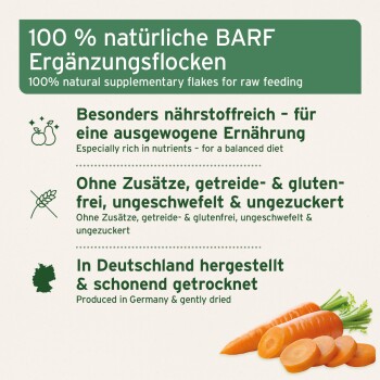 100% natürliche Ergänzungsflocken für die Rohfütterung, die Nährstoffreichtum hervorheben, ohne Zusatzstoffe, glutenfrei, in Deutschland produziert, mit Karotten.