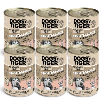 Sonntagsjäger 6x400 g Sechs Dosen DOGS'n TIGER Hundefutter, beschriftet mit "Sonntagsjäger", mit Wild und Geflügel, mit 61% Fleischanteil.