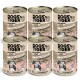 Sechs Dosen DOGS'n TIGER Hundefutter, beschriftet mit "Sonntagsjäger", mit Wild und Geflügel, mit 61% Fleischanteil.