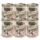 Sechs Dosen DOGS'n TIGER Hundefutter, beschriftet mit "Sonntagsjäger", mit Wild und Geflügel, mit 61% Fleischanteil.