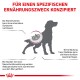 Hundesilhouette mit einer Nierengrafik, die Nierenprobleme und Ernährungsbedürfnisse veranschaulicht, begleitet von deutschem Text zu Symptomen und freien Radikalen.