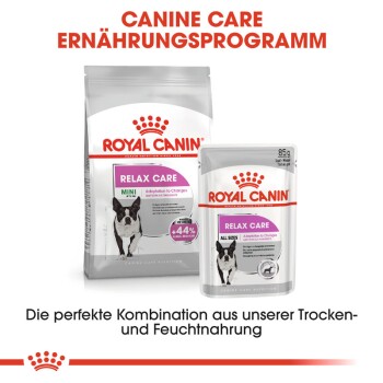 Verpackung von Royal Canin Relax Care Hundefutter, mit Trockenfutter für Mini-Hunde und Nassfutter für alle Größen, mit Text, der die Anpassung an Veränderungen fördert.