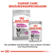 Verpackung von Royal Canin Relax Care Hundefutter, mit Trockenfutter für Mini-Hunde und Nassfutter für alle Größen, mit Text, der die Anpassung an Veränderungen fördert.