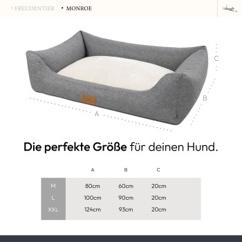 Graues Hundebett mit einem cremefarbenen Kissen, gekennzeichnet mit Abmessungen für die Größen M, L und XXL, und dem Text "Die perfekte Größe für deinen Hund."