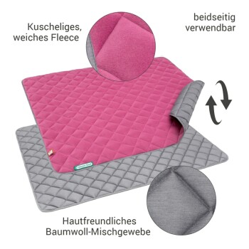 Umkehrbares Haustierbett mit rosa Fleece auf der einen Seite und grauem Baumwollmix auf der anderen, als hautfreundlich gekennzeichnet.