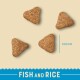 Four triangular pet food kibbles on a light beige background, labeled "FISH and RICE," with a measurement of 14.5 mm.