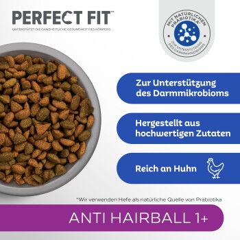 Schüssel mit "Perfect Fit" Trockenfutter für Katzen, gekennzeichnet mit "Anti Haarball 1+" und Vorteilen: "Unterstützt das Mikrobiom des Darms" und "Reich an Huhn."