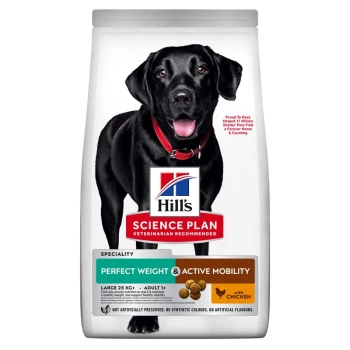 Hill's Science Plan Hundefutterbeutel mit einem schwarzen Labrador Retriever, der "Perfektes Gewicht & Aktive Mobilität" für große erwachsene Hunde bewirbt.