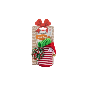 Beeztees Christmas-themed cat toy set with striped stocking, green spring, and red, white, and green pom-pom on festive card.