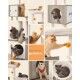 Collage von verspielten Katzen auf einem modernen Baum: graue Katze, die nach einem Pom-Pom greift, flauschige orangefarbene Katze, die sich entspannt, weiße Katze mit einem orangefarbenen Bandana.