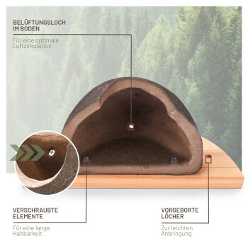 Eine Haustierhöhle aus braunem Material mit einem Holzfuß, mit Belüftungsöffnungen und Schraubelementen für Langlebigkeit, auf Deutsch beschriftet.