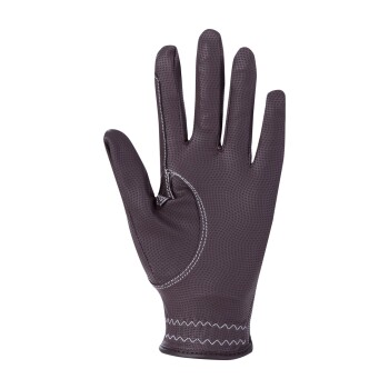 Schwarze Haustierpflegehandschuh mit strukturierter Oberfläche und weißen Nähten, handflächenoben vor einem weißen Hintergrund präsentiert.