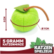 Grünes Filzspielzeug für Katzen in Form eines Apfels, 5 cm hoch und 7 cm im Durchmesser, mit dem Text "5 Gramm Katzenminze".