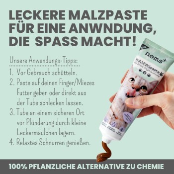 Handheld-Tube mit schmackhafter Malzpaste für Katzen, mit einem süßen Kätzchenetikett und Tipps, gekennzeichnet als "100% pflanzliche Alternative."