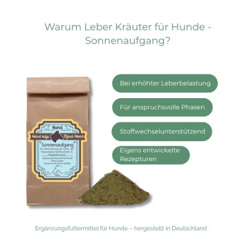 Braune Papiertüte mit "Sonnenaufgang" Leberkräutern für Hunde mit einem Haufen grünem Kräuterpulver und deutschem Text, der die Vorteile beschreibt.