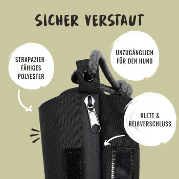 Robuste schwarze Haustier-Zubehörtasche mit Reißverschluss und Klettverschluss, entworfen für sichere Aufbewahrung und hundesichere Nutzung.
