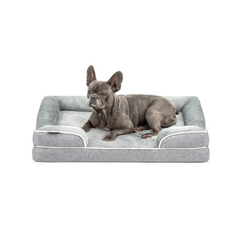 Ein Französischer Bulldogge, die auf einem plüschigen, grauen Hundebett mit einem weichen, hellgrauen Innenfutter und weißen Akzenten ruht.