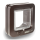 Braune Haustiertür mit einer transparenten Klappe, mit einem Bedienfeld mit Symbolen und dem Markennamen "SUREFLAP" sichtbar.