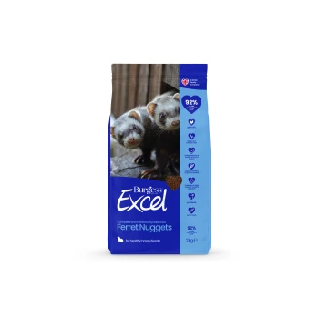 Blue bag of Burgess Excel Ferret Nuggets featuring two ferrets, showing text "Burgess Excel", "Ferret Nuggets", "92%", 2kg