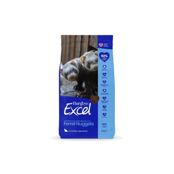 Blue bag of Burgess Excel Ferret Nuggets featuring two ferrets, showing text "Burgess Excel", "Ferret Nuggets", "92%", 2kg